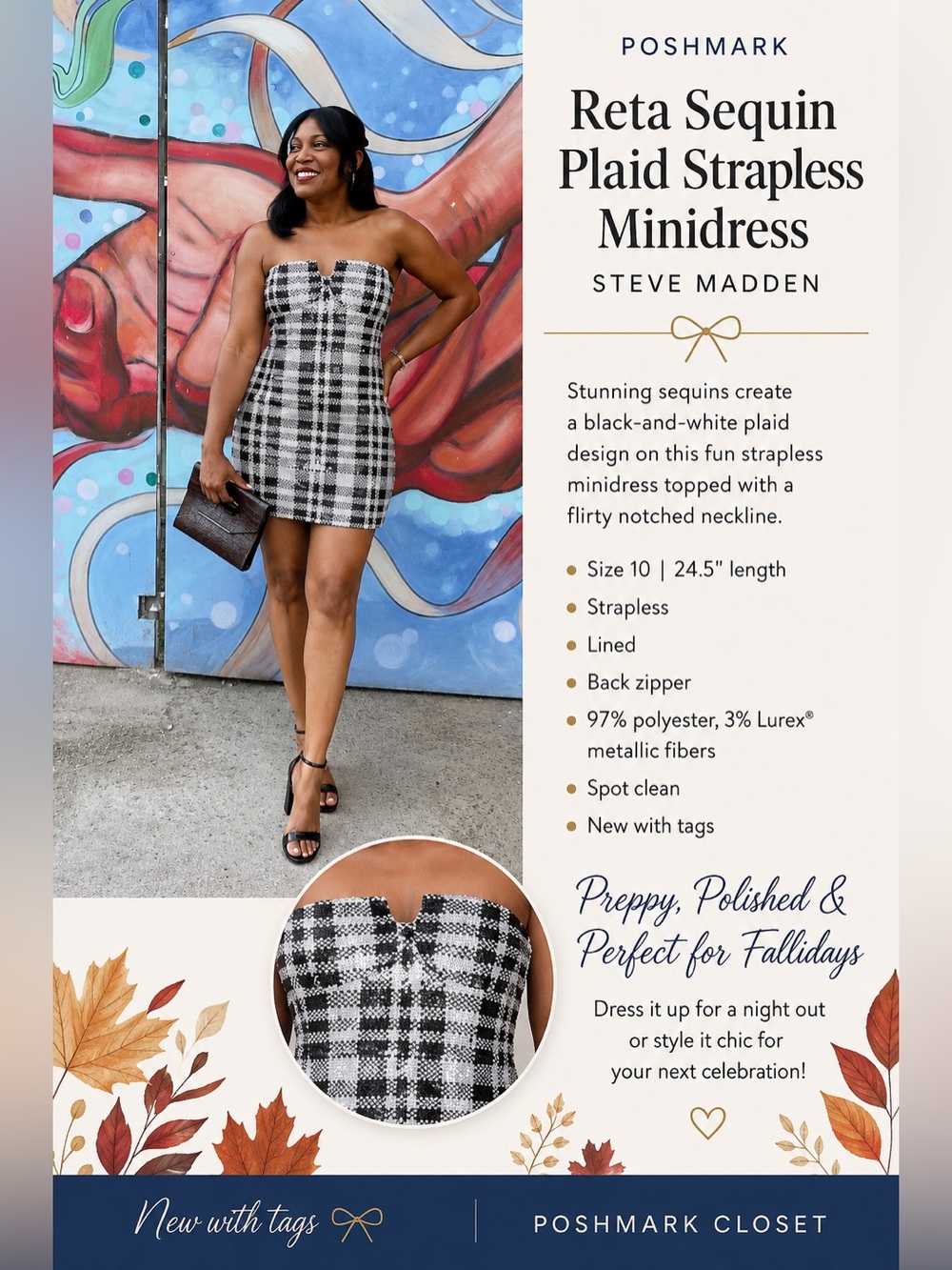 Steve Madden Black & White Sequin Plaid Strapless Minidress